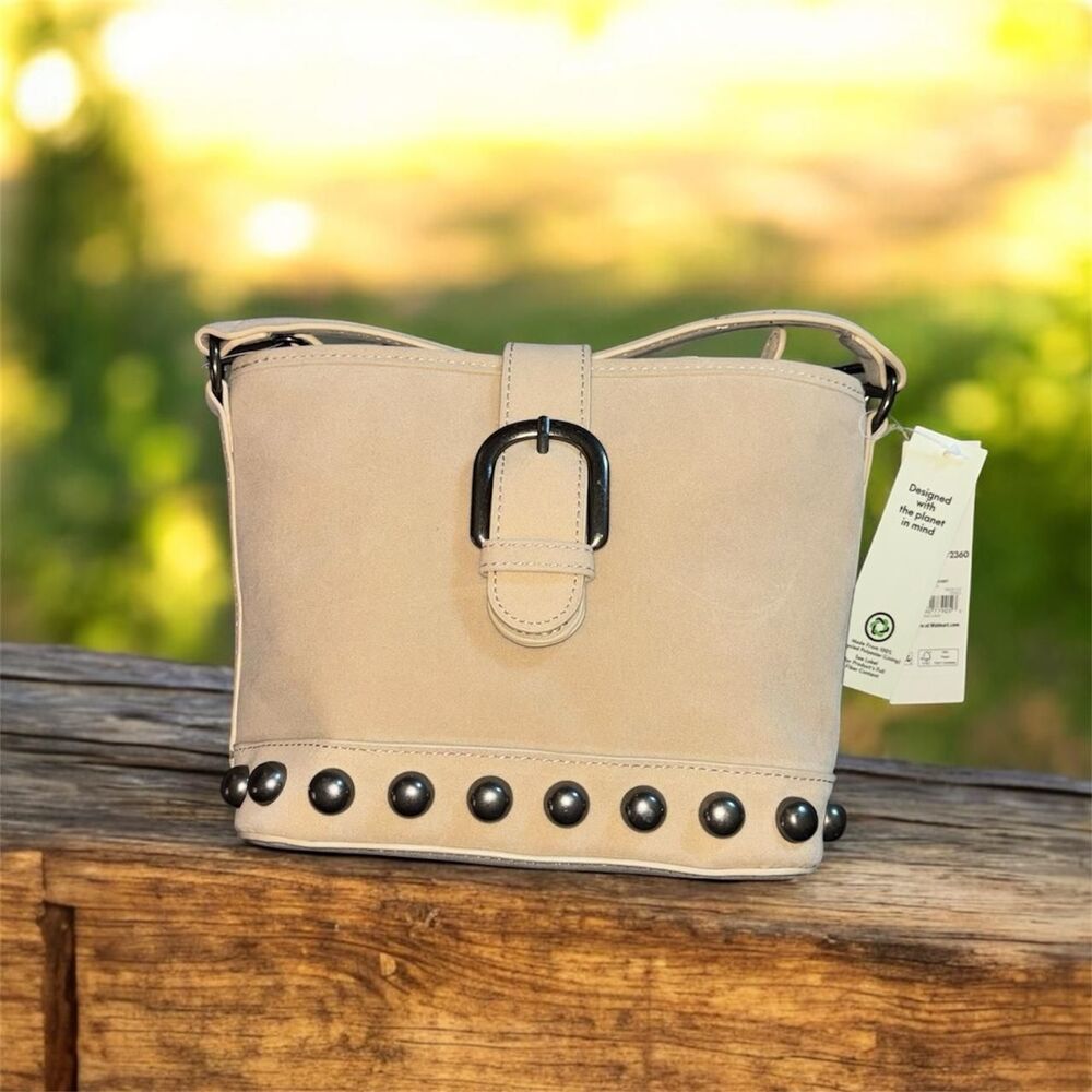 Moto Bucket Crossbody Bag Brushed Silver Stud Trim Removable Strap
